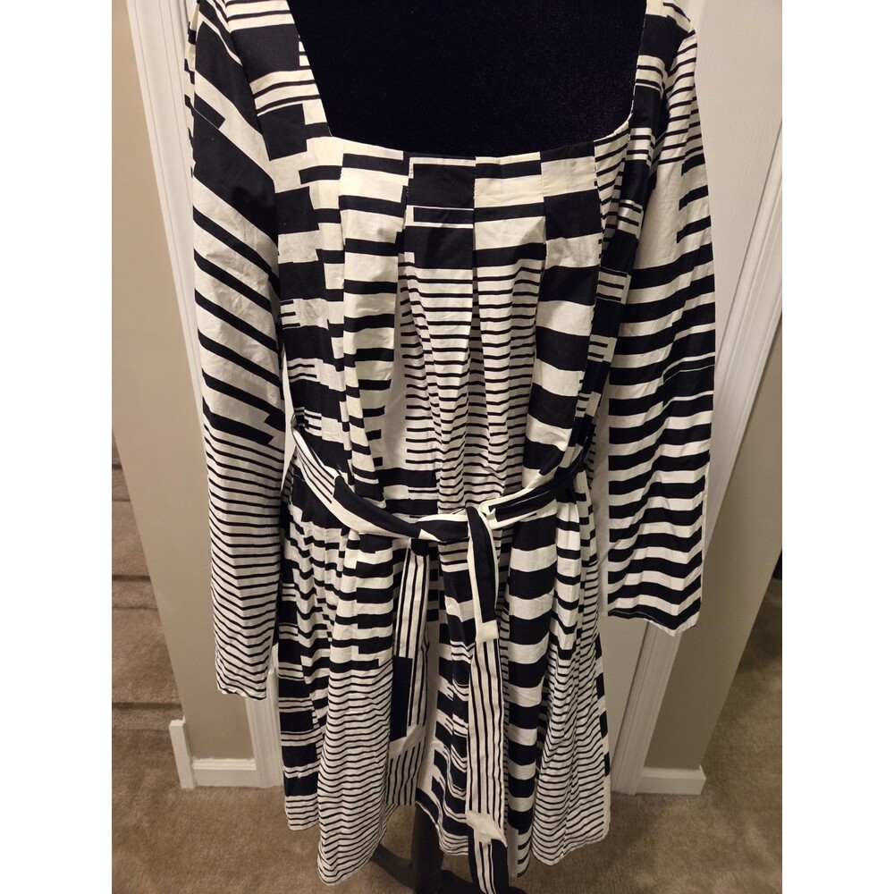 Eloquii Black and White Striped Square Neck Belted A-Line Dress - Size 14